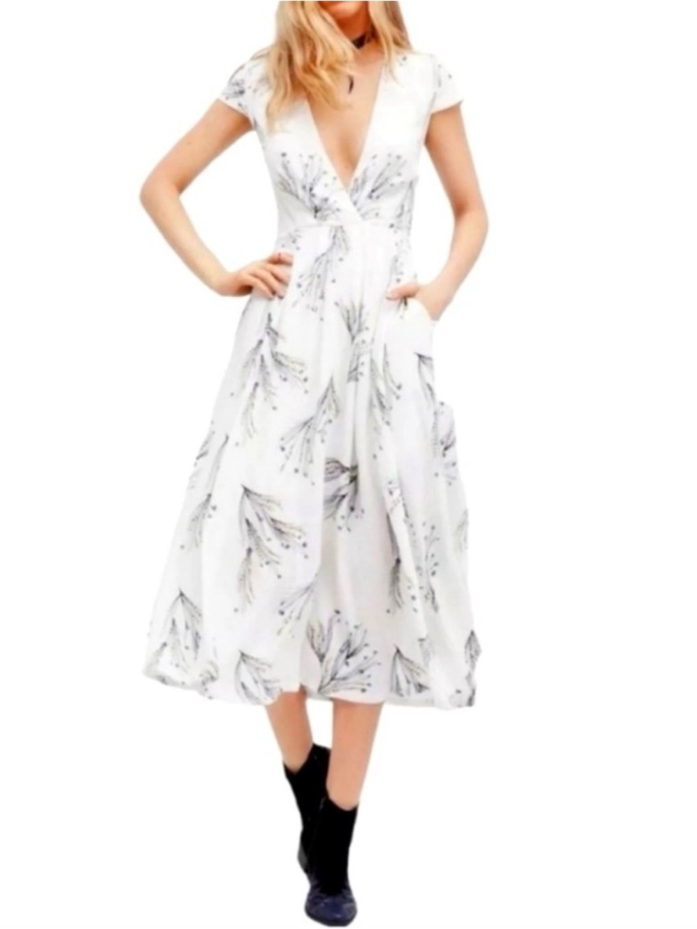 Free People White Floral Plunge Midi Dress Size 0